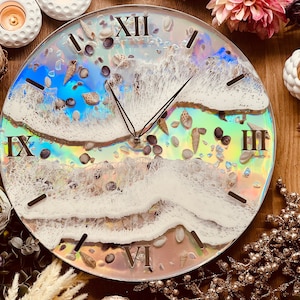 Clock, wall clock, resin clock, resin art grandfather clock, resin wall decoration, resin wall art, resin wall object, gift, holographic with waves and shell image 1