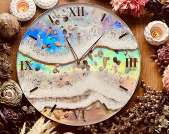 Clock, wall clock, resin clock, resin art grandfather clock, resin wall decoration, resin wall art, resin wall object, gift, holographic with waves and shell