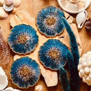 4 Coasters Blue Gold | Handmade Resin Coasters | Unique Table Decoration | Birthday Gift Idea | Individual Decoration