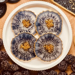 4 coaster set, resin set, resin coasters, gift, resin art set, dark blue gold, gift set, gift idea, wedding gift