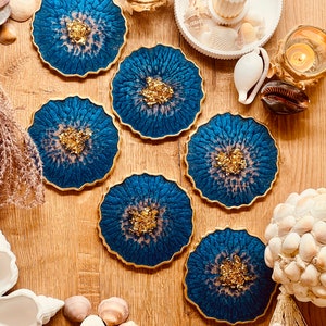 6 resin coasters in blue with gold, gift set, wedding gift, birthday gift, decoration trend