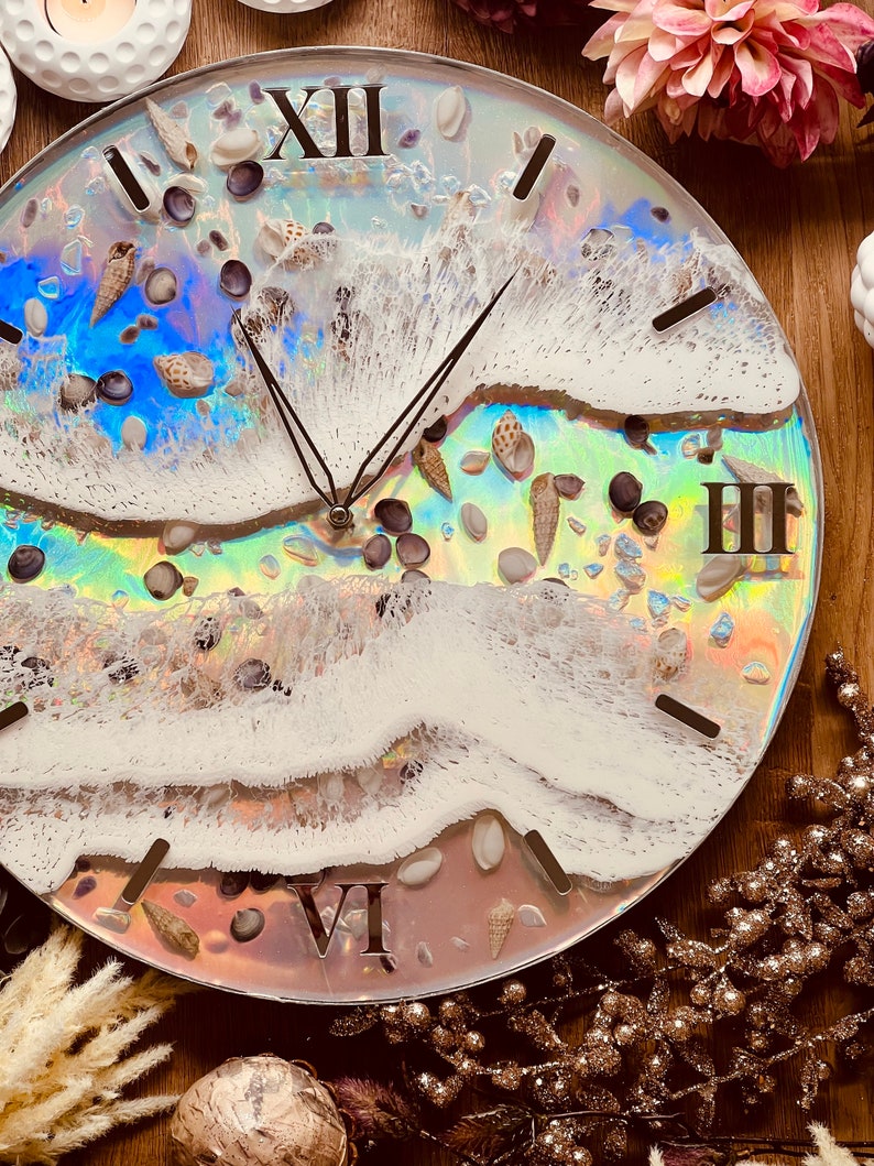 Clock, wall clock, resin clock, resin art grandfather clock, resin wall decoration, resin wall art, resin wall object, gift, holographic with waves and shell image 3