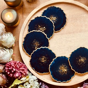 6 resin coasters in blue with gold, gift set, wedding gift, birthday gift, decoration trend