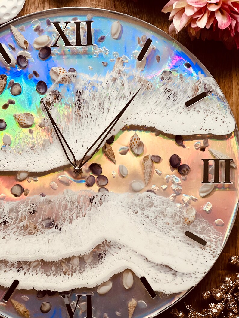 Clock, wall clock, resin clock, resin art grandfather clock, resin wall decoration, resin wall art, resin wall object, gift, holographic with waves and shell image 4