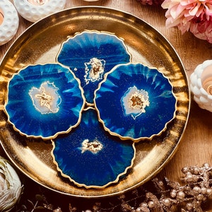 4 Coasters Blue Gold | Handmade Resin Coasters | Unique Table Decoration | Birthday Gift Idea | Individual Decoration