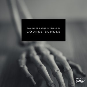 Könnte beinhalten: Schwarz-Weiß-Bild einer Skeletthand. Ein schwarzes Rechteck mit weißem Text "COMPLETE PATHOPHYSIOLOGY COURSE BUNDLE" befindet sich über der Hand. Das Word Swag-Logo ist unten rechts.