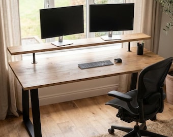 Escritorio de madera maciza con estante para monitor