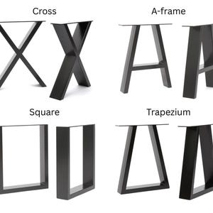 Puede incluir: Una colecci&oacute;n de patas de mesa de metal negro en cuatro formas distintas etiquetadas como Cross, A-frame, Square y Trapezium. Cada conjunto cuenta con una placa de montaje plana en la parte superior y un dise&ntilde;o de marco angular y robusto.