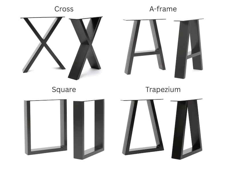 Puede incluir: Una colecci&oacute;n de patas de mesa de metal negro en cuatro formas distintas etiquetadas como Cross, A-frame, Square y Trapezium. Cada conjunto cuenta con una placa de montaje plana en la parte superior y un dise&ntilde;o de marco angular y robusto.