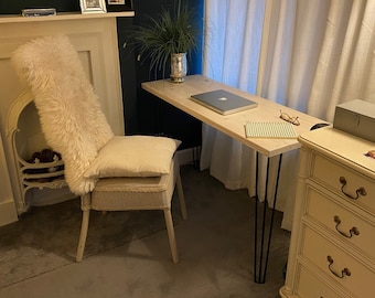 Escritorio estrecho para el hogar, oficina, estudio, patas de horquilla de madera maciza, acabado en roble
