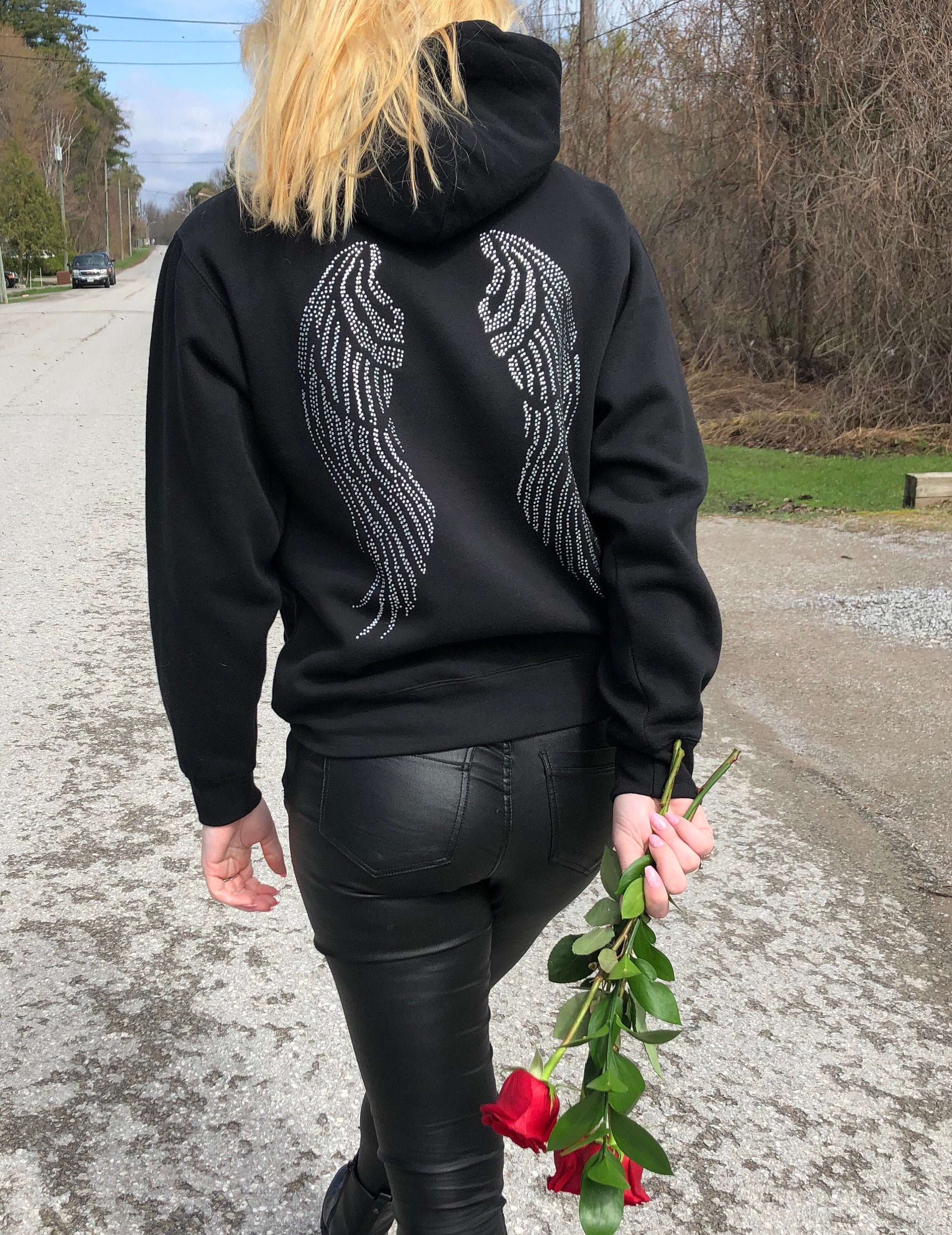 Black Angel Rhinestone Hoodie Handmade Y2K Black Hooded  Etsy