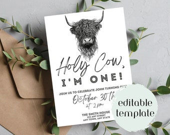 Highland Cow Birthday Invitation Template | Farm Animal First Birthday (Editable Printable)