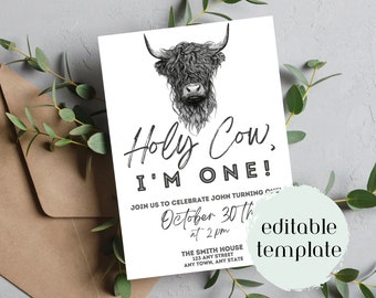 Black & White Highland Cow birthday invite template | Farm | Any Age + First Birthday | Editable Invite Printable | Cow Invite Template