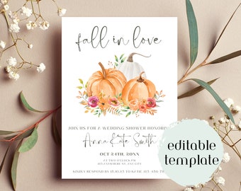 Fall in Love Wedding Shower Invite Template | Fall Wedding Shower | Invitation Template | Printable | Modern Wedding Shower | Pumpkins
