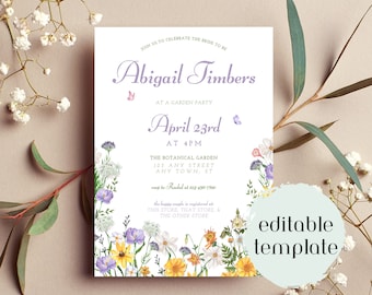 Modello di invito per addio al nubilato in giardino / Giardino / Fiori / Farfalle / Matrimonio / Sposa / Addio al nubilato / Coppia felice