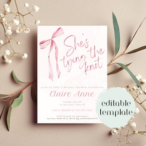 Sie bindet den Knoten Brautparty-Einladungs-Vorlage | Bögen | Hochzeit | Braut | Samtschleife | Rosa Schleife | Hochzeitsparty | Glückliches Paar