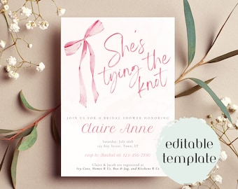 She's Tying the Knot Bridal Shower Invitation Template | Bows | Wedding | Bridal | Velvet Bow | Pink Bow | Wedding Shower | Happy Couple