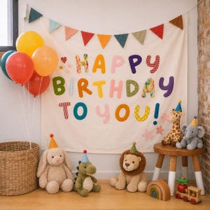 May include: A cream-colored fabric banner with the multicolored text HAPPY BIRTHDAY TO YOU, decorated with fabric bunting, balloons in red, orange, and yellow, and plush animal toys including a rabbit, dinosaur, lion, giraffe, and elephant.