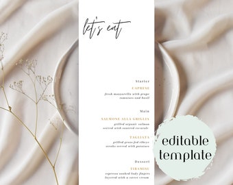 Puede incluir: Una tarjeta de menú blanca con las palabras "let's eat" en escritura elegante. El menú enumera Caprese, Salmone Alla Griglia, Tagliata y Tiramisú. Las palabras "editable template" están en un círculo verde claro. La tarjeta está sobre un plato blanco.