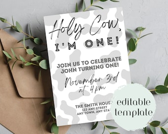 Black & White Cow Birthday Invitation Template | Farm Animal Any Age (Editable Printable)