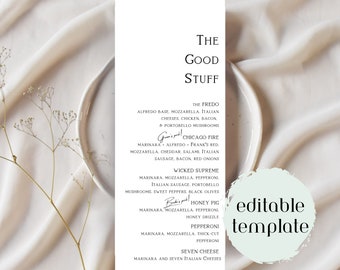 Puede incluir: Una tarjeta de menú blanca con el texto "THE GOOD STUFF" en la parte superior, que enumera opciones de pizza como "The Fredo" y "Chicago Fire". La tarjeta está sobre un plato blanco con un fondo beige, y las palabras "editable template" son visibles.