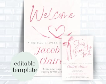 She's Tying The Knot Bridal Shower Template Bundle | Shower Invite | Welcome Sign | Bows | Wedding | Velvet Bow | Pink Bow | Wedding Shower