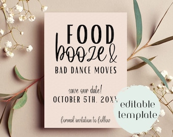 Food Booze & Bad Dance Moves Save the Date Template | Editable Template | Save the Date | Wedding Invitation | Modern Wedding