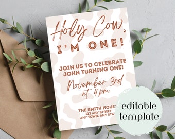 Invitación editable de cumpleaños de la vaca sagrada, cumpleaños de la granja, cualquier edad + primer cumpleaños, invitación editable imprimible, plantilla de invitación de cumpleaños de la vaca