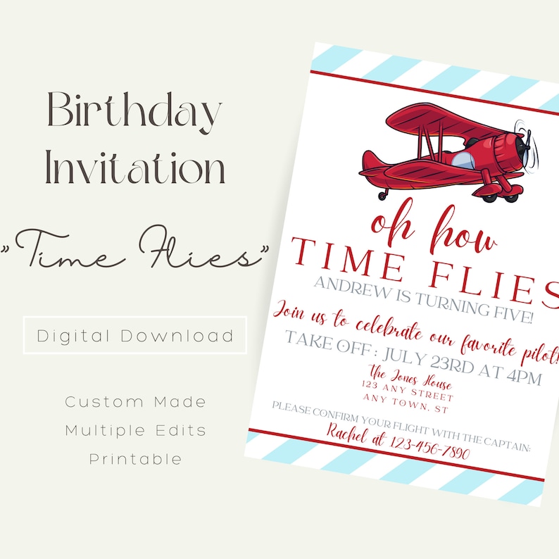 Custom Airplane Birthday Party Invitation How Time Flies Birthday Invite Printable Pilot Invitation ANY Age