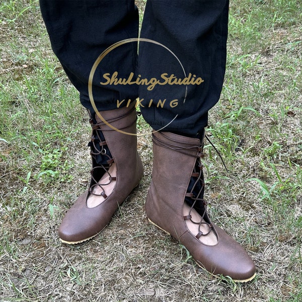 Mittelalterliche Renaissance Stiefel, mittelalterliche LARP Piraten Stiefel, Gothic Viking Unisex Erwachsene Stiefel Schuhe, Ren Faire Schnürschuhe Vintage Kostüm