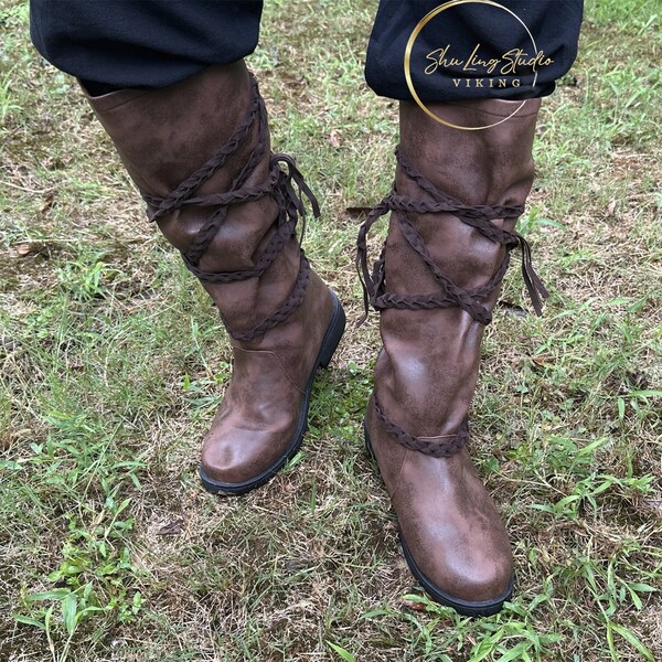 Brown Renaissance Fair Viking Boots, Medieval Boots with Bandage, Unisex Adult Shoes, Medieval LARP Pirate Boots, Renaissance Boots Shoes