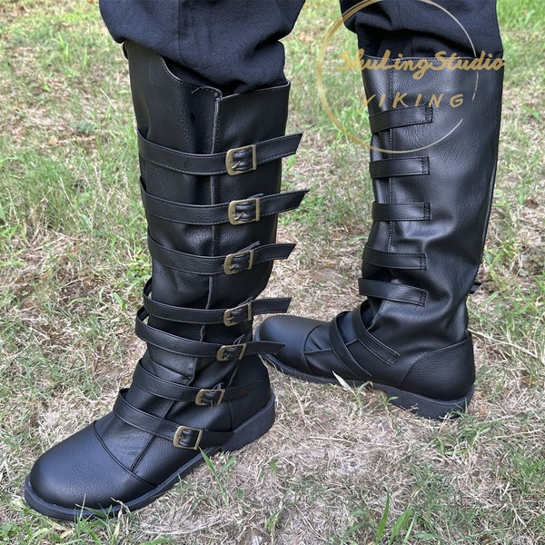 Buckle Renaissance Medieval Boots, Ren Faire Vintage Costume Shoes, Viking LARP Pirate Boots, Gothic Viking Unisex Adult Boots Shoes