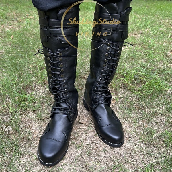 Men Black Renaissance Medieval Boots, Gothic Viking Unisex Adult Boots, Ren Faire Lace up Vintage Costume Shoes, Medieval LARP Pirate Boots