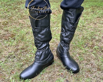 Bottes médiévales Viking noires brillantes, bottes Renaissance Fair Viking, chaussures unisexes pour adultes, bottes pirates LARP médiévales, chaussures bottes Renaissance