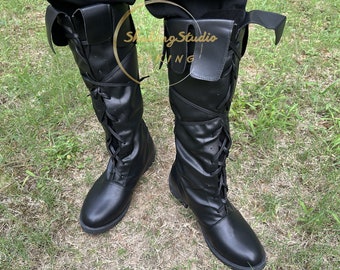 Bottes médiévales noires longues Renaissance, chaussures de costume vintage Ren Faire, bottes pirate Viking LARP, bottes gothiques Viking unisexes pour adultes