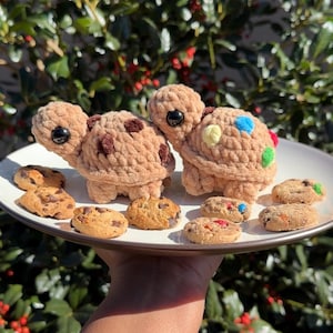 May include: Two crocheted plush turtles made of tan yarn with black plastic eyes. One turtle features dark brown spots, while the other has colorful polka dots. They are displayed on a plate alongside several small, round chocolate chip cookies.