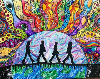 The Beatles psychedelic art prints, Abbey Road Illustrated, hippie art prints, trippy art print, hippie home decor