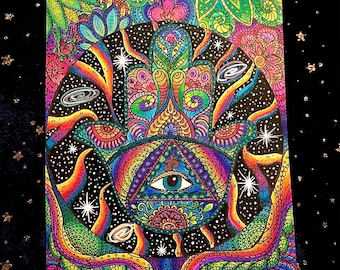 Hand of Hamsa, Psychedelic art prints, hippie art prints, trippy art print, space art print , chakra art, hippie home decor