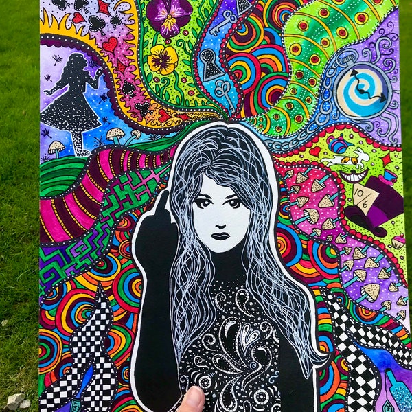 Grace Slick white Rabbit illustrated painting. Jefferson airplane psychedelic art print. Alice in Wonderland theme. hippie home decor