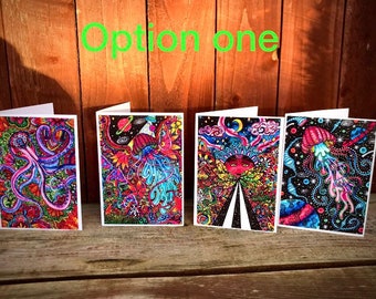 Vibrant, psychedelic , trippy and unique greetings cards with envelopes.