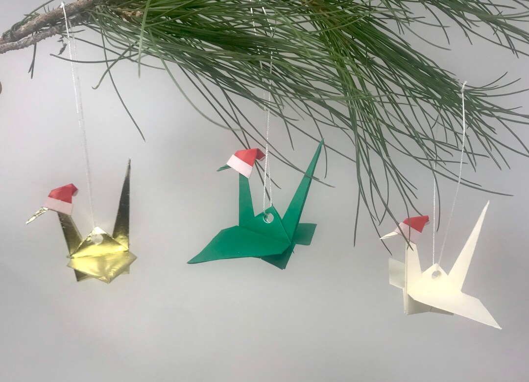 Origami Christmas Crane Ornament With Santa Hat Handmade - Etsy