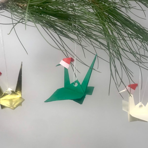 Origami Christmas Crane Ornament with Santa hat, handmade