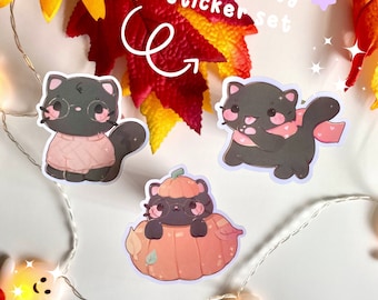 Leuke zwarte kat Halloween-stickers | Black Cat herfst sticker - dierenkunstwerk - kawaii laptop sticker - waterdichte gestanste planner sticker
