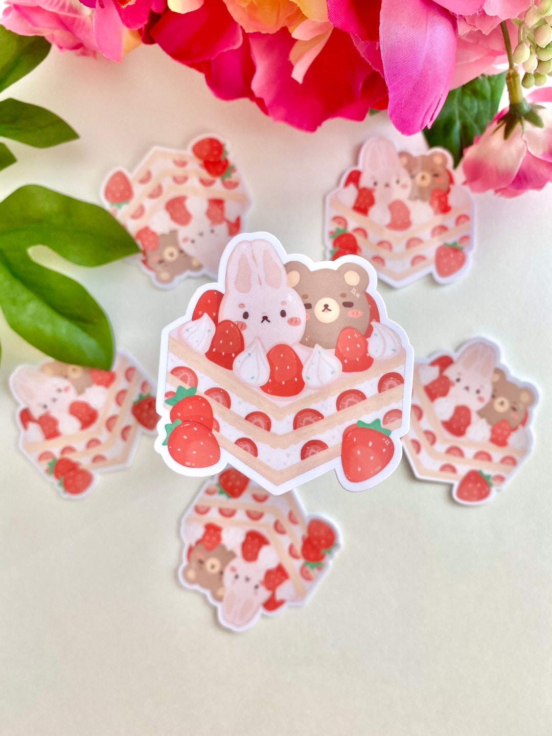 Bunny and Bear Strawberry Cake Sticker | Kawaii Food Sticker - Handmade ...
