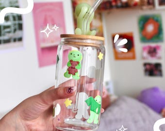 Smiski Glass Cup with Bamboo Lid & Straw | Kawaii Drinkware