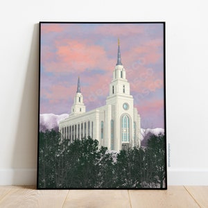 Layton Utah Temple in Winter, LDS Temple Wall Art Print Hand Illustrated Home Decor