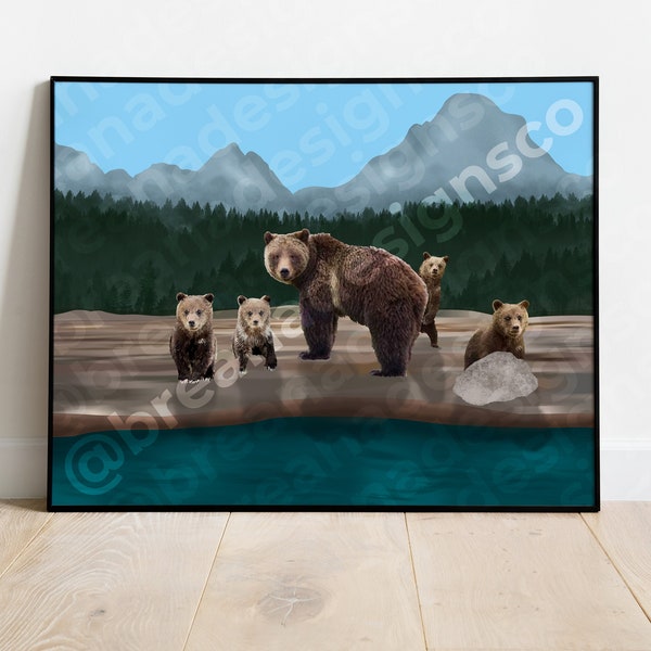 399 and her 4 Cubs | Bear Poster | Poster | Illustrated Poster