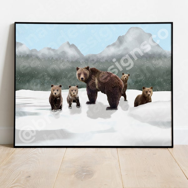 399 and her 4 Cubs in Winter | Bear Poster | Poster | Illustrated Poster