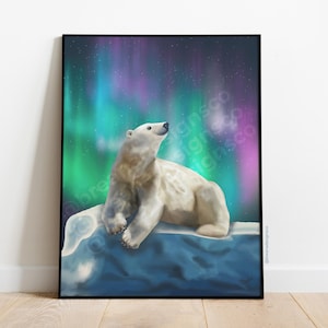 Polar Bear in Awe Beneath the Aurora&#39;s | Polar Bear Poster | Poster | Illustrated Poster