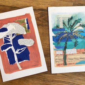 2 Cartes postales Oeuvres originales peinture collage arbre